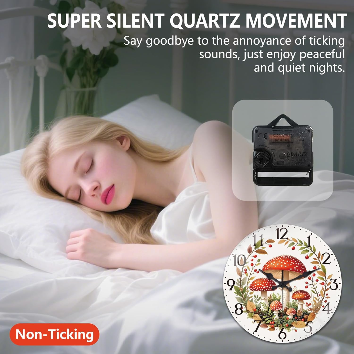 peacoblue Wall Clocks Battery Operated 12 Inch Mushroom Forest Glass Round Wall Clock Non Ticking for Kitchen Living Room Dining Room Bedroom and Bathroom Decor Accessories (Battery not Included)