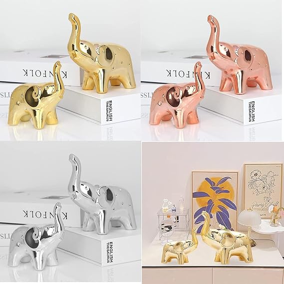 Set of 2 Ceramic Elephant Ornaments Desktop Statue Tiny Animals Elephant Figurine Living Room Decoration Modern Figure (Rose)