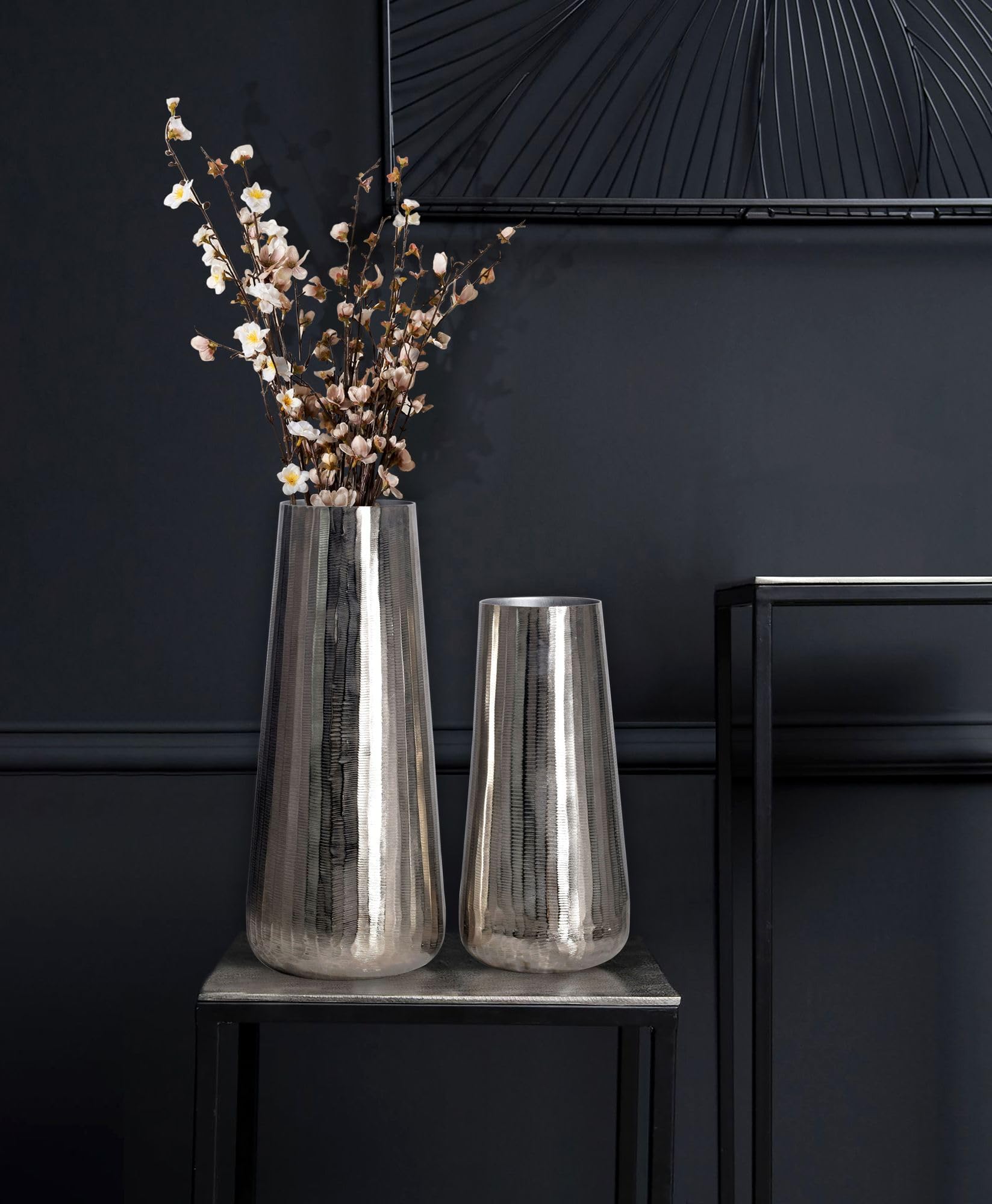 FineBuy Vase 2er Set Aluminium Silber Konisch, Blumenvase | Dekovasen rund, Tischvasen handgefertigt, Wohndeko für Wohnzimmer, Sideboard und Esstisch, Tischdeko