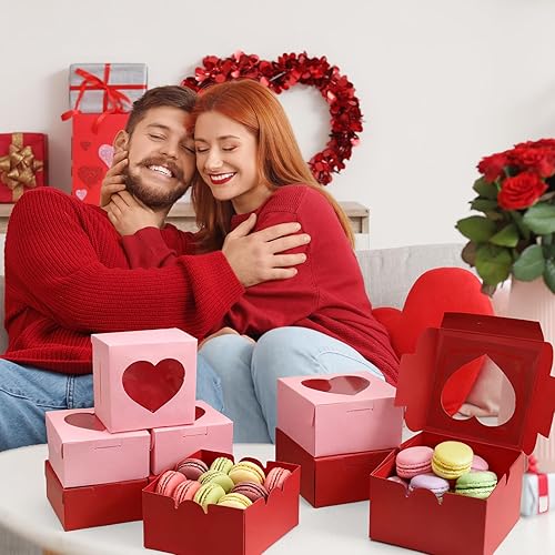 Miniatura 5 de Paquete de 12 cajas en forma de corazón rojo y rosa de 4 x 4 x 2.6 pulgadas con ventana, caja de fresa para el día de San Valentín, boda,
