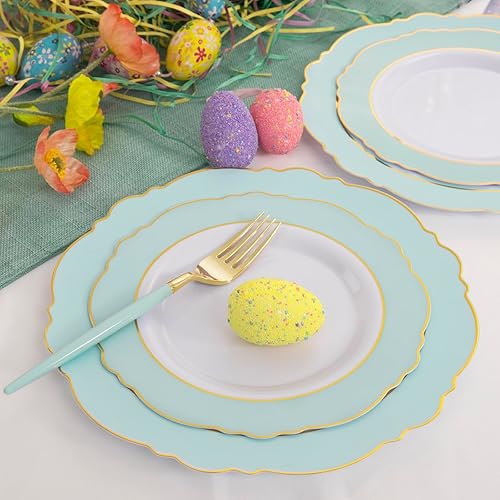 Miniatura 8 de WDF 30Guest - Platos de plástico verde menta y cubiertos desechables de plástico dorado con mango verde, barroco verde y dorado para bodas y fiestas