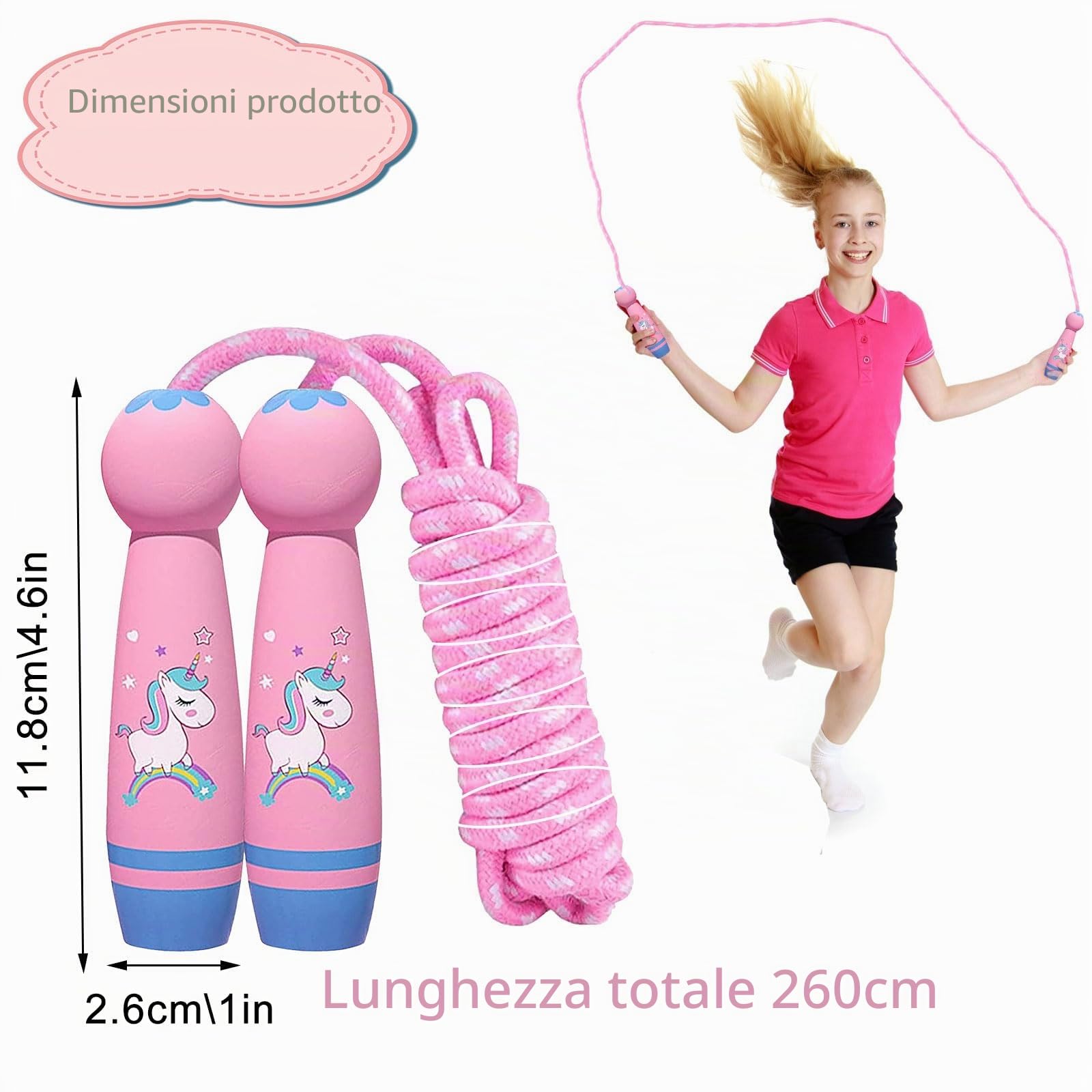 Corda per saltare per bambini, 260 cm, con manico in legno dei cartoni animati, corda per saltare regolabile, per bambini, per ragazzi, ragazze, amici, scuola, prato