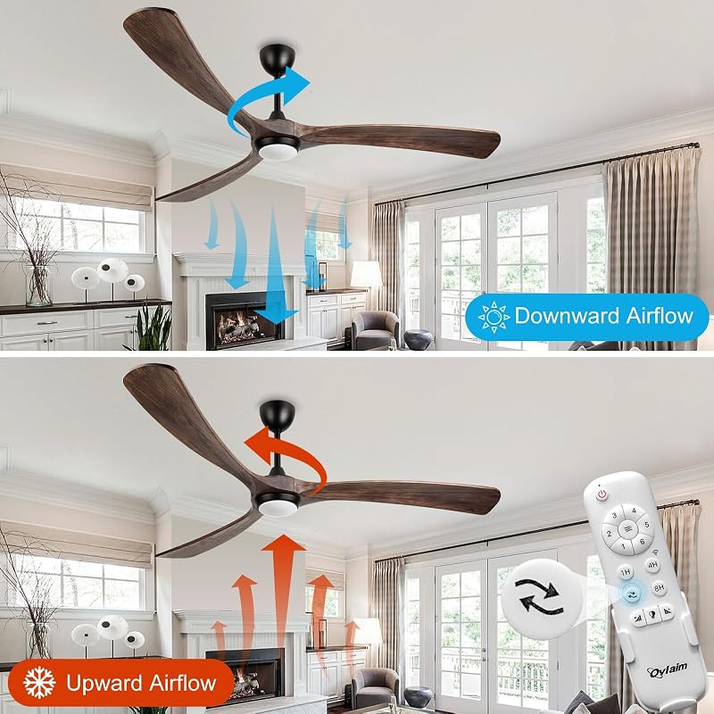 Ovlaim 183cm-es Fa Mennyezeti Ventilátor LED Világítással - Okos WiFi Vezérlés, Távirányító, 6 Sebesség, Tölgy-Fekete, DC Motor, Kültéri-Bel