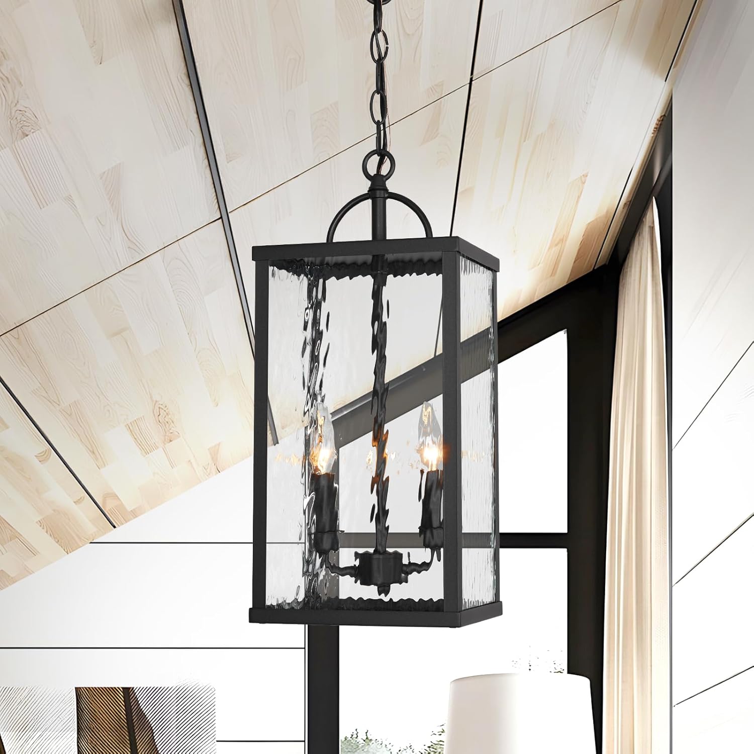 Outdoor Pendant Light, Modern Black Hanging Lantern with Water Ripple Glass, Adjustable Chandelier Exterior Hanging Light Fixture for Front Porch, Patio, Gazebo, Entryway, and Garage