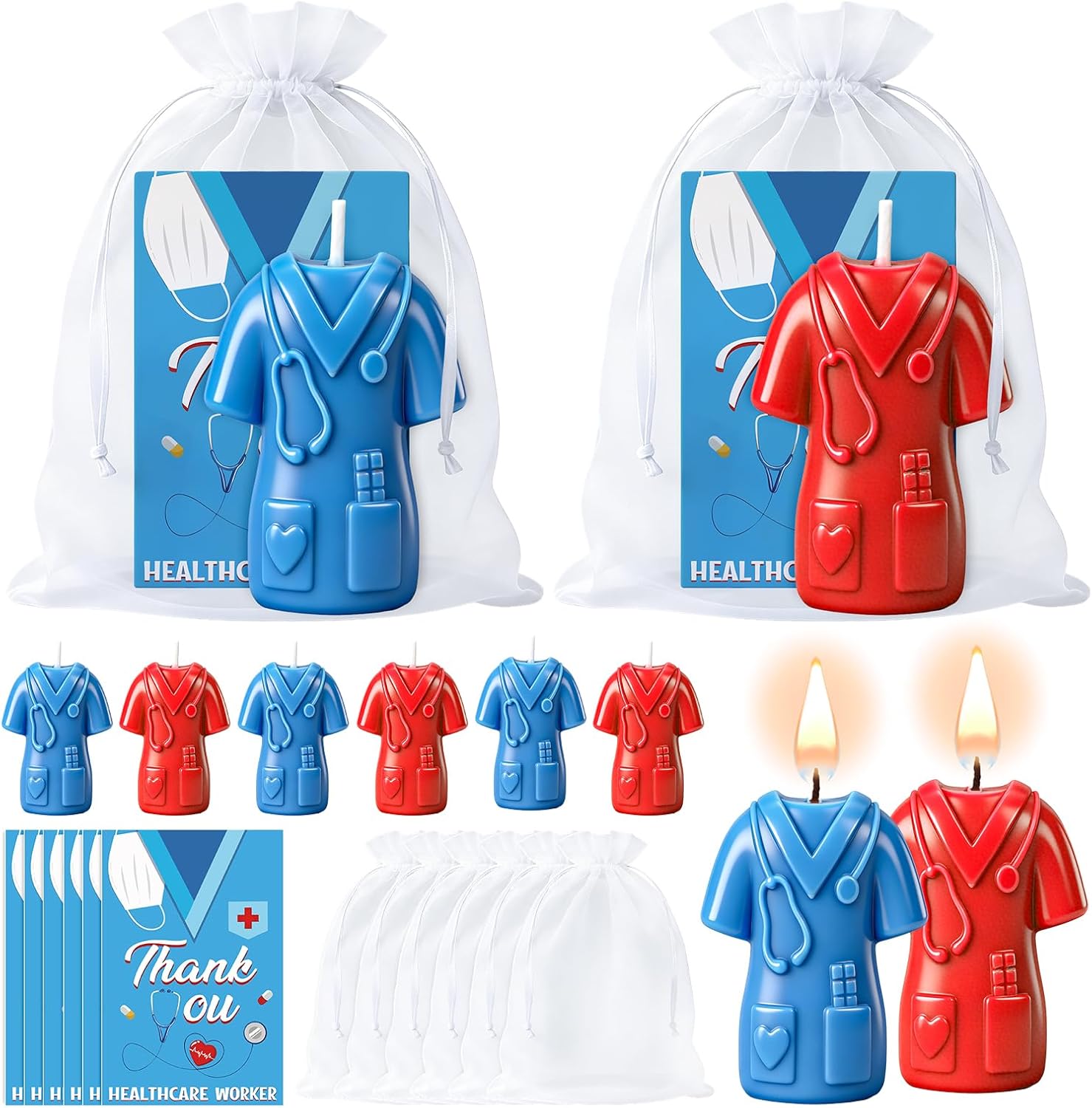 30 Sets Nurse Appreciation Party Favors Candles Red Blue Thank You Nursing Scented Candles Paper Cards and Organza Bags for Doctor Nurse Week Guest Gift Supplies