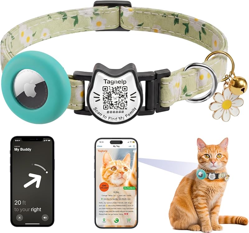 Coleira para Gatos com Estampa Floral, Suporte para AirTag e Plaquinha com QR Code Taghelp Verde
