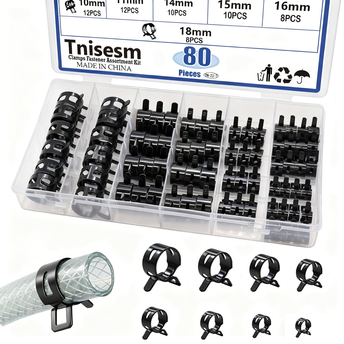 Tnisesm 80Pcs Spring Band Hose Clamps Assortment kits Silicone Vacuum Hose Pipe Clamp 7mm 9mm 10mm 11mm 14mm 15mm 16mm 18mm Low Pressure Air Clip Clamp(Black)