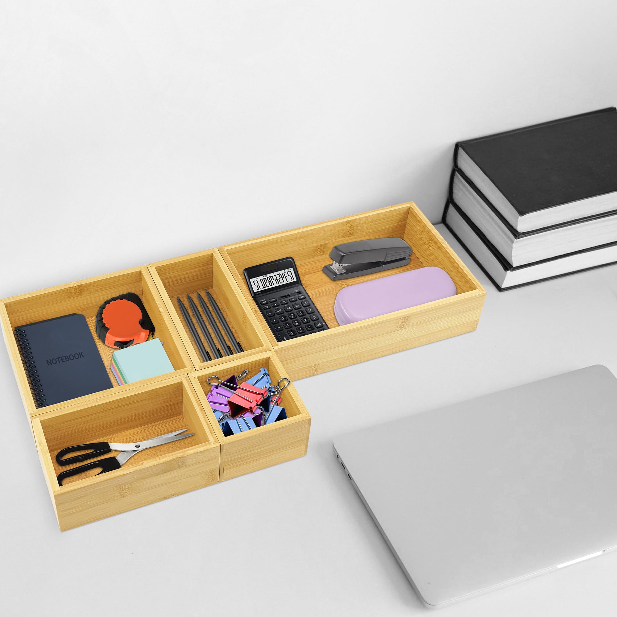 VaeFae Organizer cassetti in bambù, set da 5 per cucina e bagno | Divisione pratica degli scompartimenti, superfici lisce senza sbavature, stabile e duraturo, facile da pulire