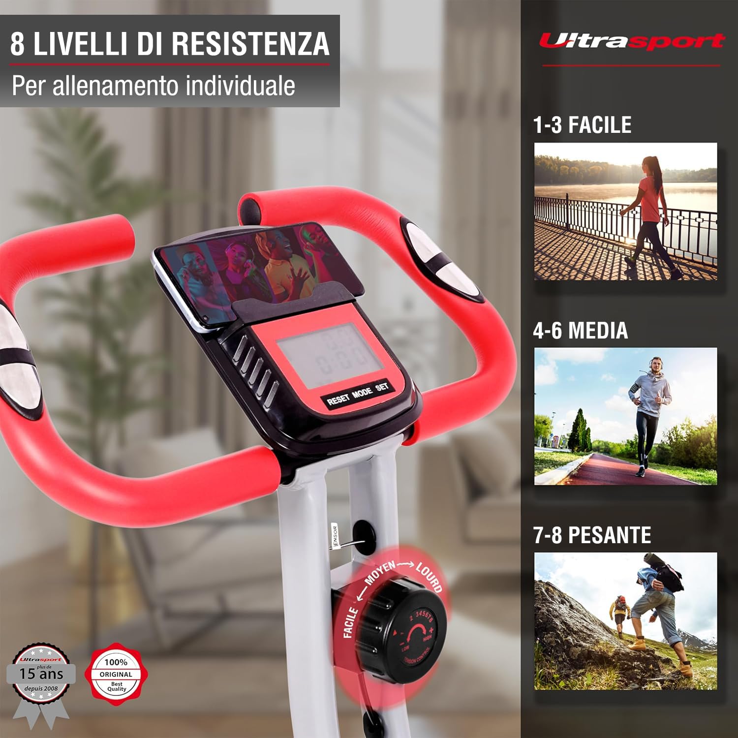Ultrasport F-Bike 150/200, cyclette, 8 livelli di resistenza, supporto per tablet, sensori di battito manuale, pieghevole, salvaspazio, display LCD, per atleti e anziani