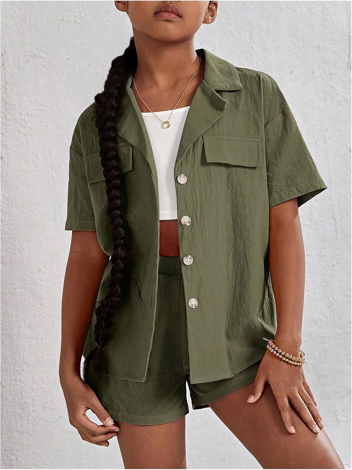 Verdusa Girl's 2 Piece Outfit Button Up Short Sleeve Shirt and Short Sets