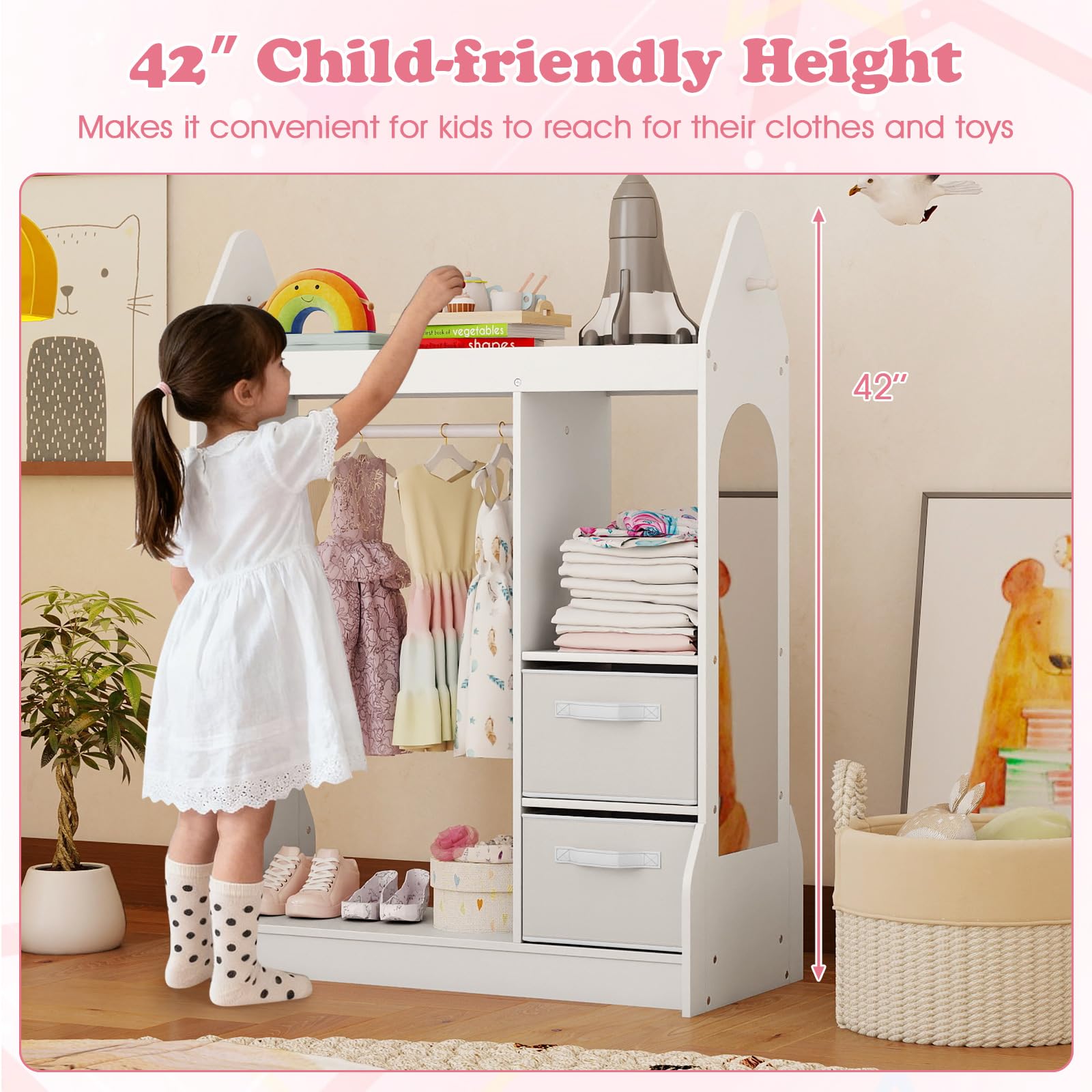 FANTASK Kinderkleiderschrank mit Stoffschubladen, 81 x 38 x 107 cm, Kindergarderobe mit Spiegel & Kleiderstange, Kinder Kleiderständer aus Holz für Kinderzimmer (Weiß)