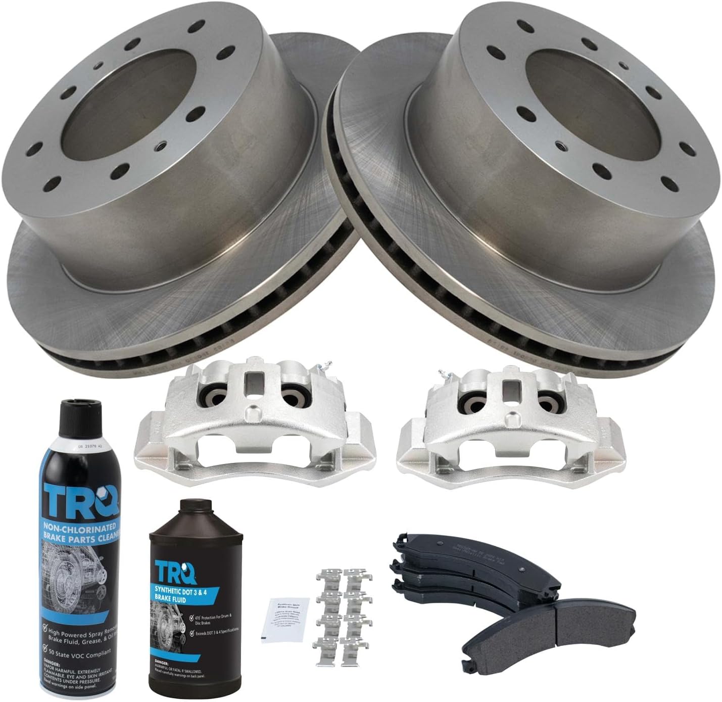 TRQ Rear Semi-Metallic brake Pad, Rotor & Caliper Kit w/Fluids for Chevy