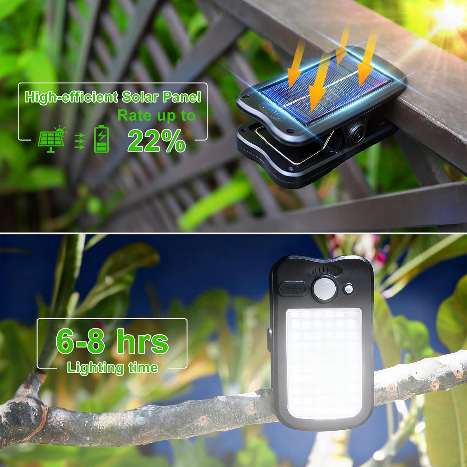 Clip on Solar Lights Outdoor Motion Sensor Lights 60 LEDs, 3 Modes, Dual Charging, Portable Waterproof Security Light for Fence, Deck, Camping, Grill (2 Pack)