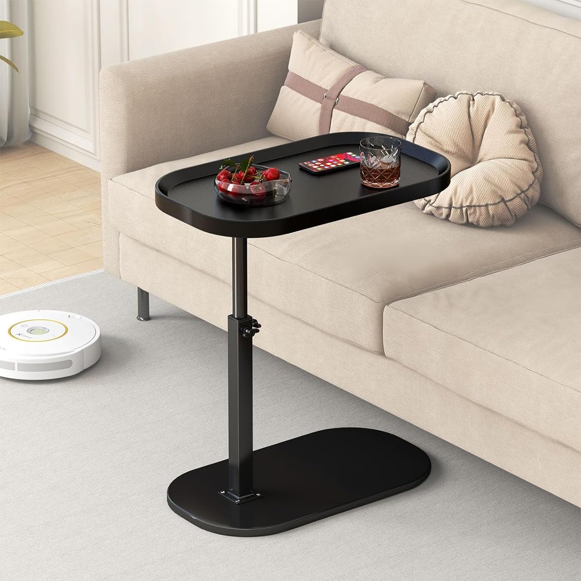 Gelory C Shaped End Table Adjustable Height with 360ยฐ Swivel - Wooden Narrow Side Table for Living Room Bedroom Over Chair Tables for Snack Tea Coffee(Black Color, 45 * 30 * 45~80cm)