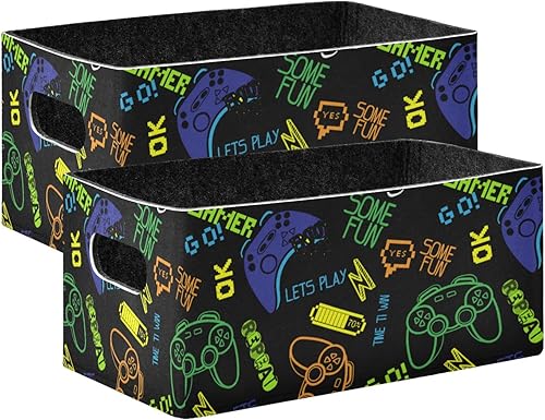 Miniatura 1 de Joysticks - Juego de cestas de almacenamiento de videojuegos (2 piezas) contenedores de almacenamiento plegables de fieltro con doble asa, cestas de
