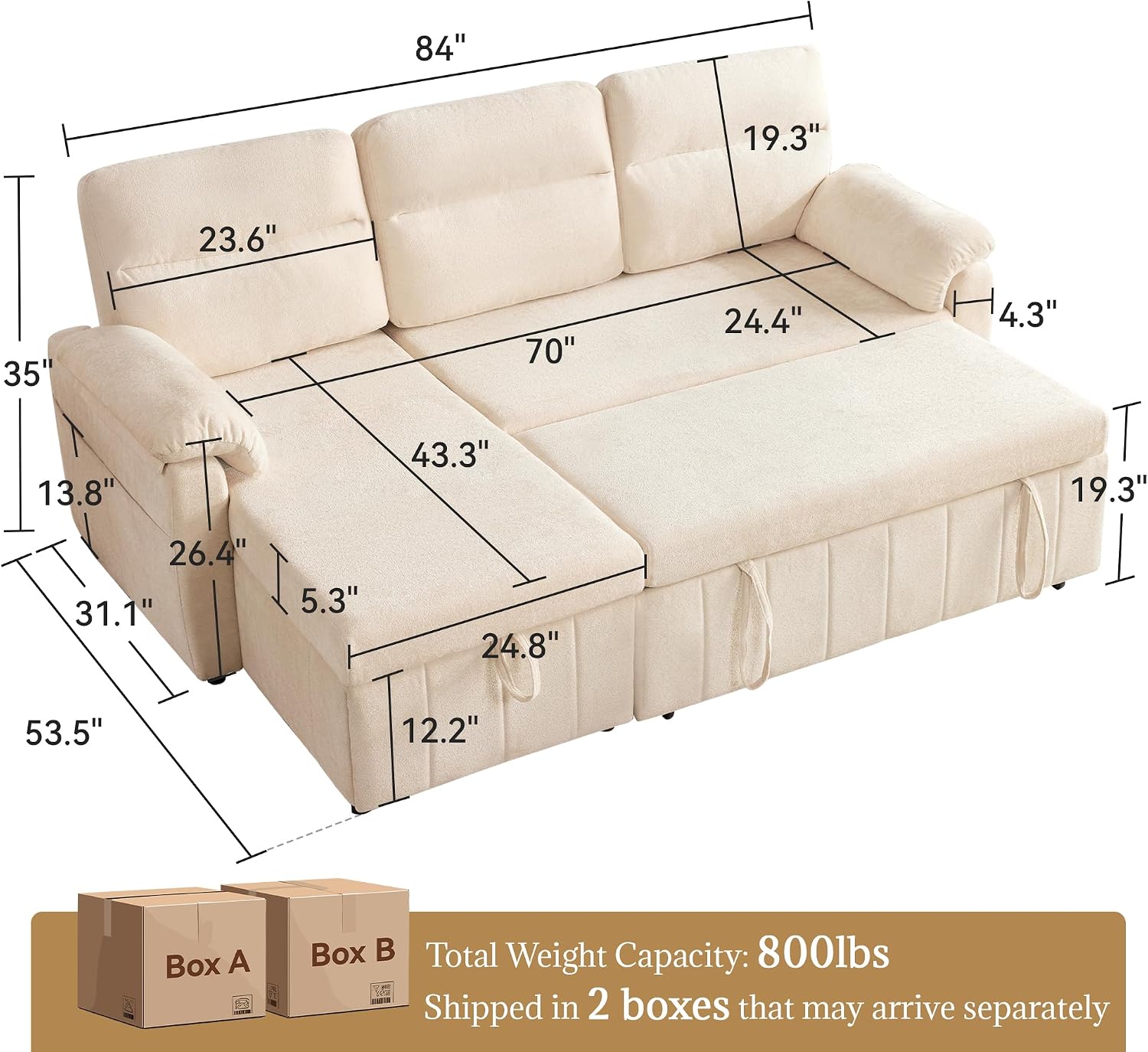 Tbfit 84'' Pull Out Sofa, 3 in 1 Sleeper Sofa Couch with USB & Storage Chaise, Cloud Sofa Bed with Pull Out Bed, Chenille Convertible Sleeper Sofas for Living Room, Small Spaces, Beige 84'' Cloud Sleeper Sofa Beige