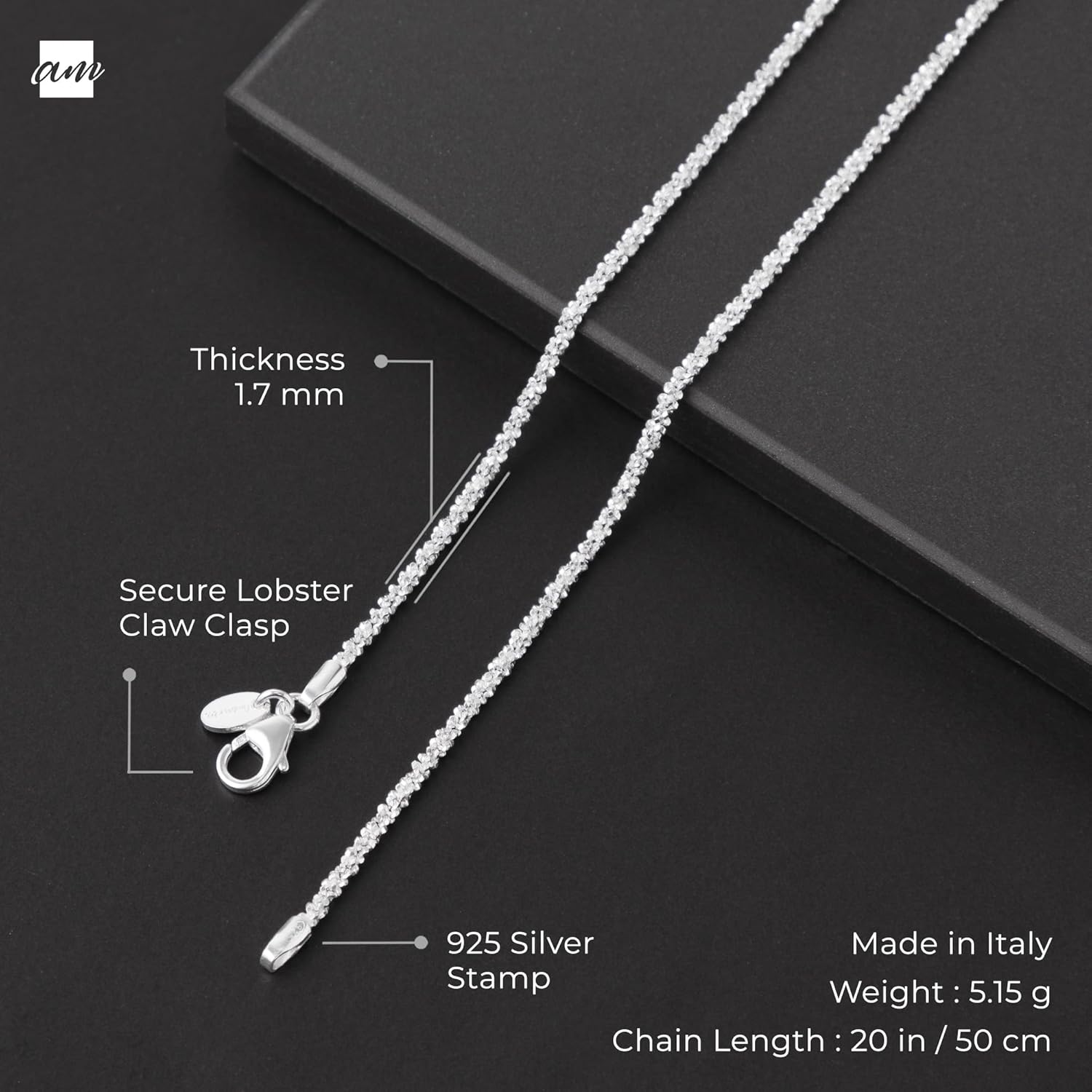 Amberta Italian 925 Sterling Silver Diamond Chain for Women - 1.7 mm Snow/Rock Silver Chain Necklace