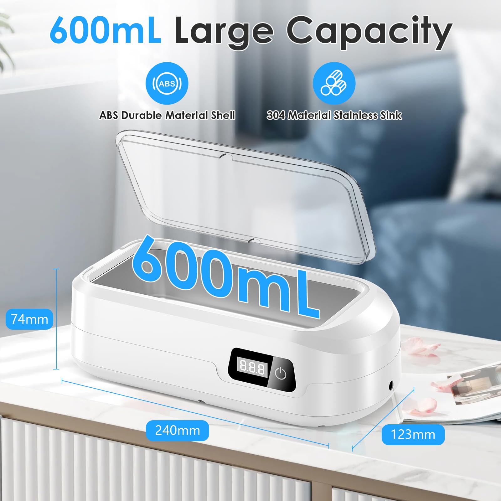 Ultraschallreinigungsgerät Brille, 49KHz Hochfrequenz Ultraschallreiniger Professioneller mit 4 Modi, 600ml Sonic Cleaner mit digitalem Timer für Brillen, Ringe, Fingerringe, Zahnersatz