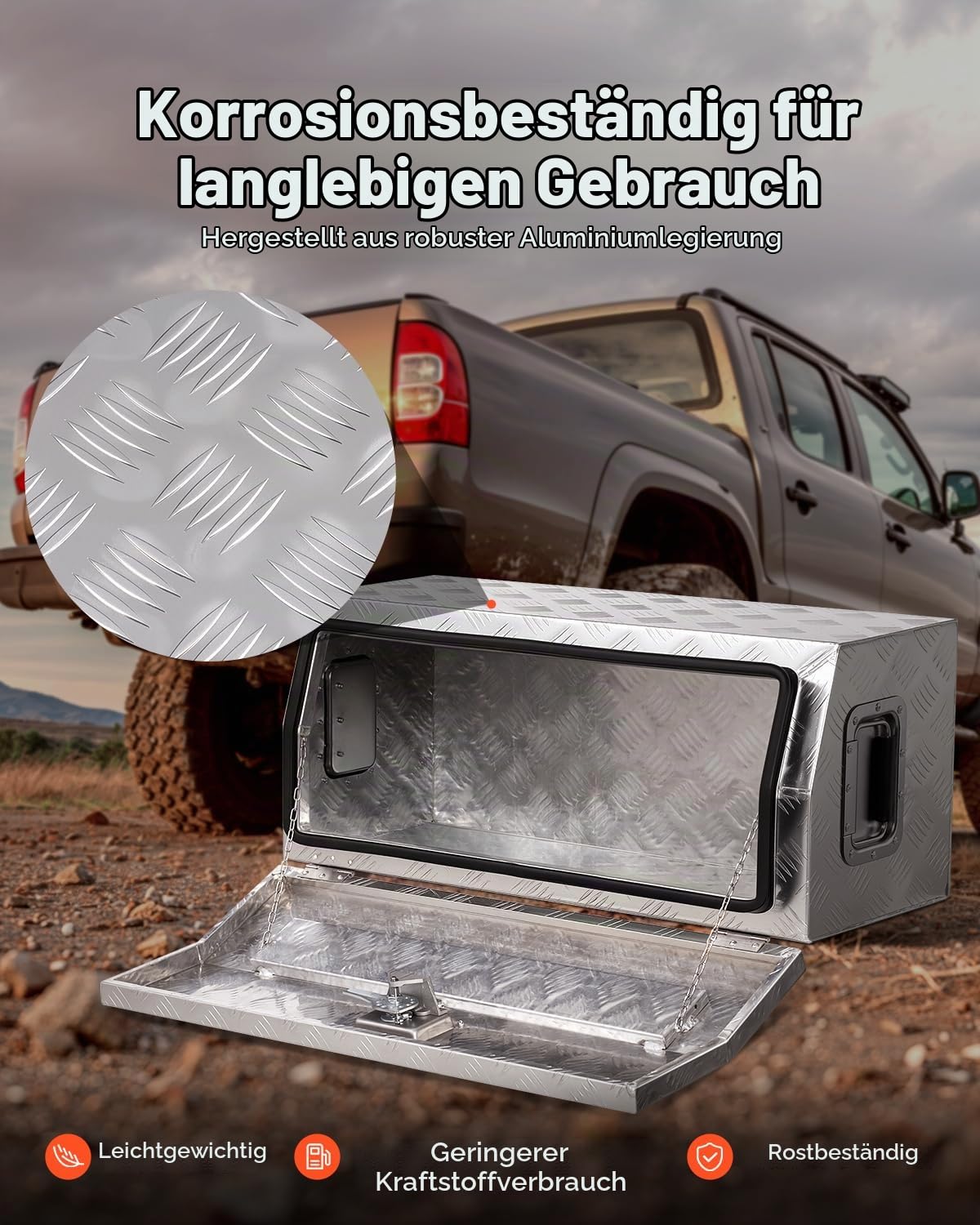 VEVOR Werkzeugkasten aus Aluminium für die Ladefläche, gestreifte Werkzeugkiste (762 x 330,2 x 330,2 mm) mit seitlichem Griff & T-Lock-Schlüssel, Aufbewahrungs-Organizer für Anhänger Silber