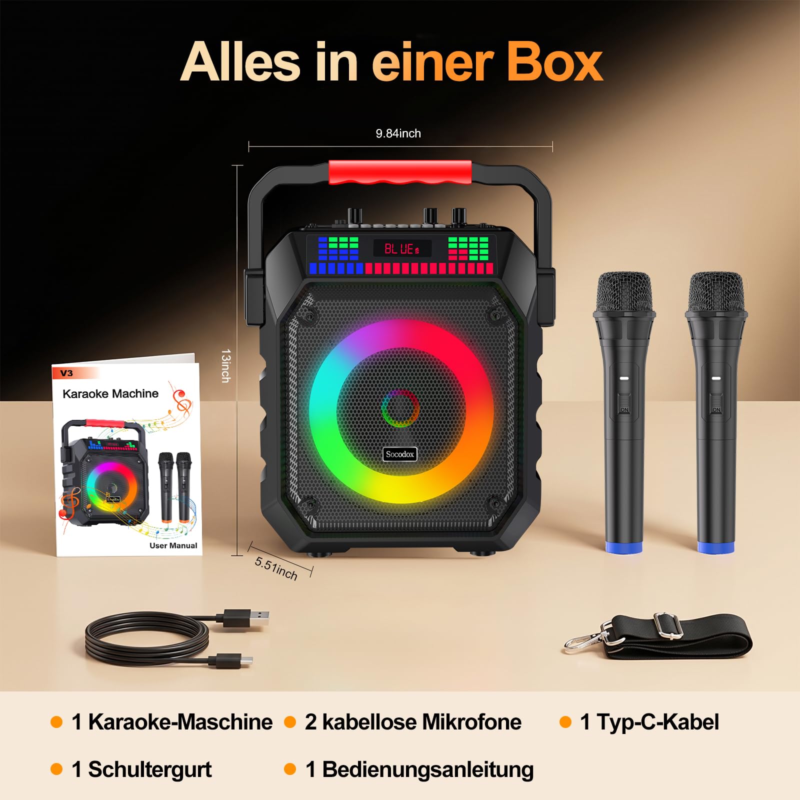 Karaoke Box mit 2 Mikrofonen für Erwachsene & Kinder | 5200mAh Akku für 12h Laufzeit, Echo, RGB-Lichter, Bluetooth, USB/TF-Aufnahme, Mic-Eingang – leichtes 2kg Party-Soundsystem