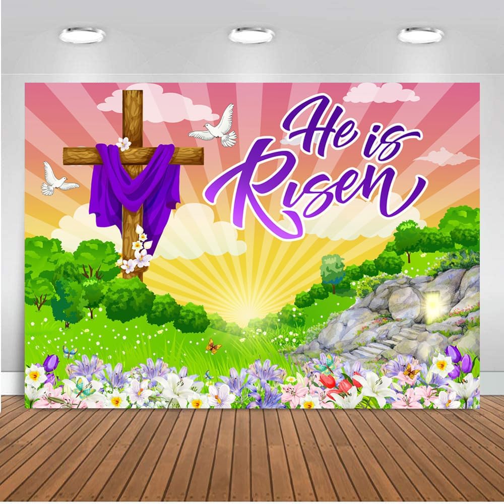10X8FT Easter Backdrop He is Risen Backdrop Religious Happy Party Decorations Supplies Crucifixion Floral Fence Grassland Background for Photography Photo Studio Props DH-1109