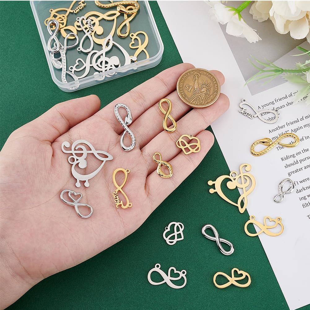 PH PandaHall 32pcs 8 Styles 304 Stainless Steel Infinity Connector Charms Heart Symbol Charm, Silver Gold Infinity Love Links Jewelry Connector for Bracelets Necklaces Jewelry Making - Image 5