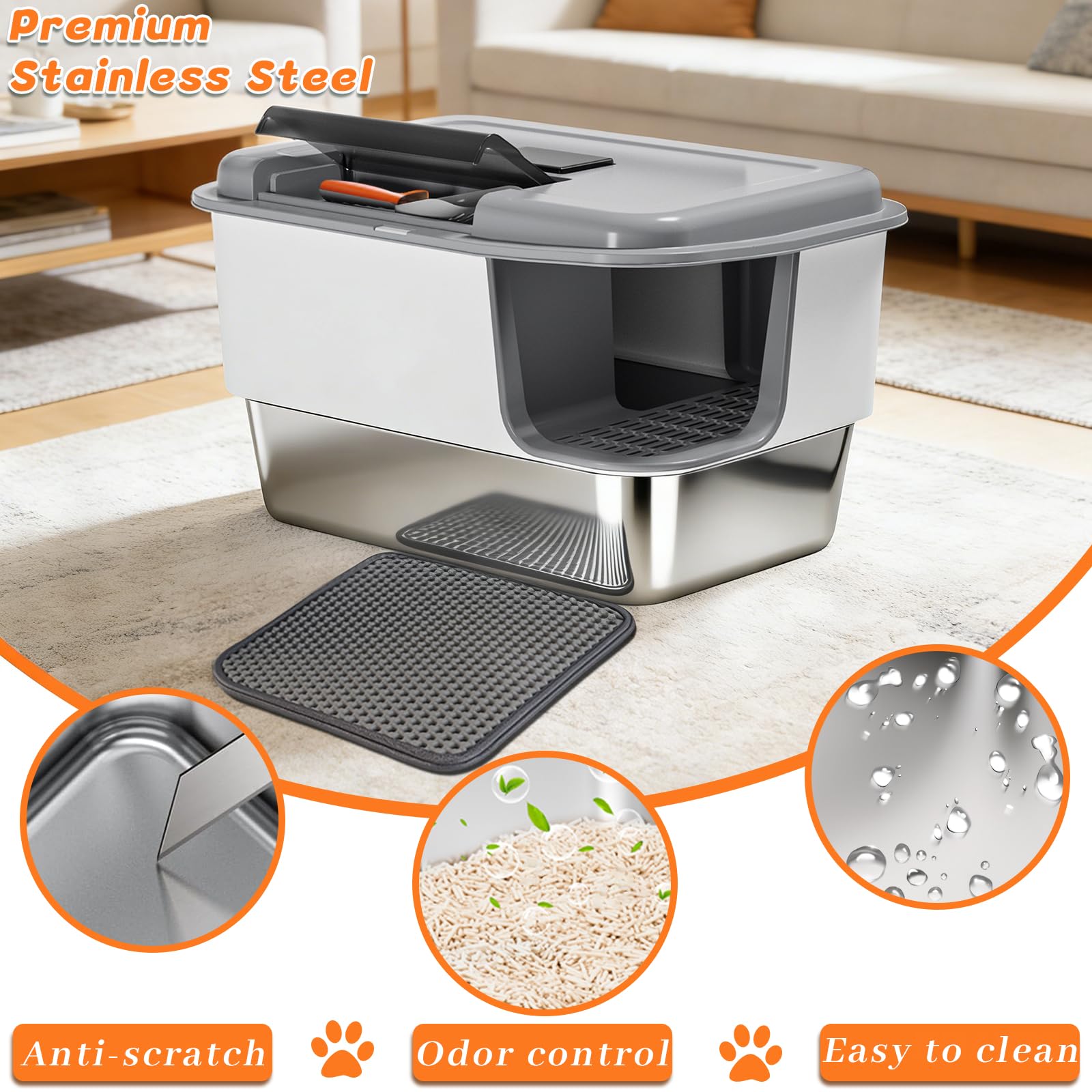 XXL Stainless Steel Litter Box With Litter Mat and Litter Scoop , Extra Large 25.98"L*18.5"W*15.35"H Cat Litter Boxs, Jumbo Enclosed Removable Litter Box High Sides For Big Cats, Easy to Clean（Gray） - image 6