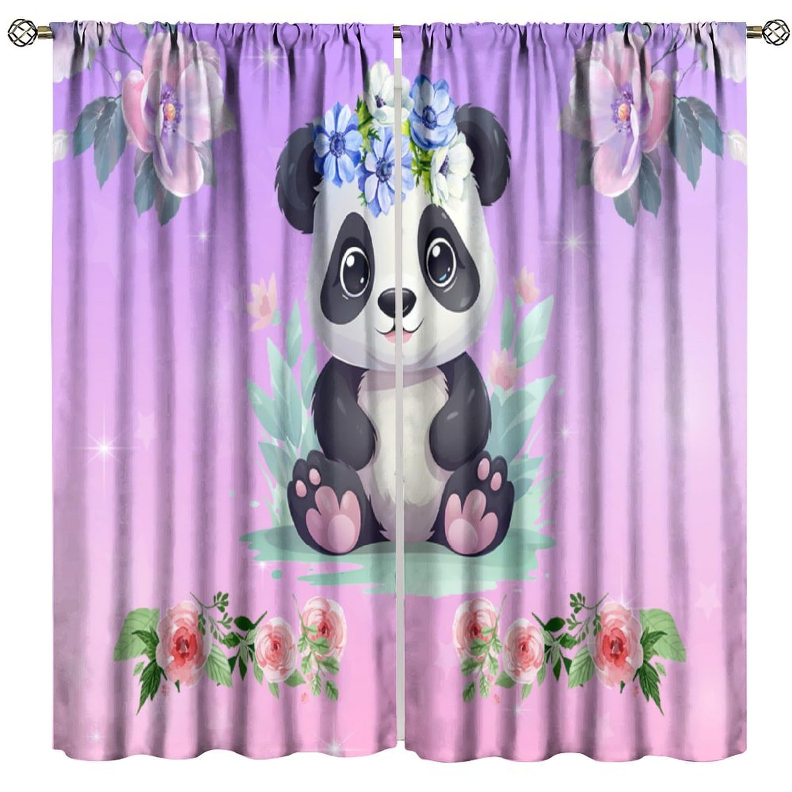 BenYaSong Cartoon Panda Blackout Window Curtain Kawaii Panda Floral Panda Style Print for Home Kitchen Livingroom Coffee Room Window Curtain 2Panel 52" W X 96" L