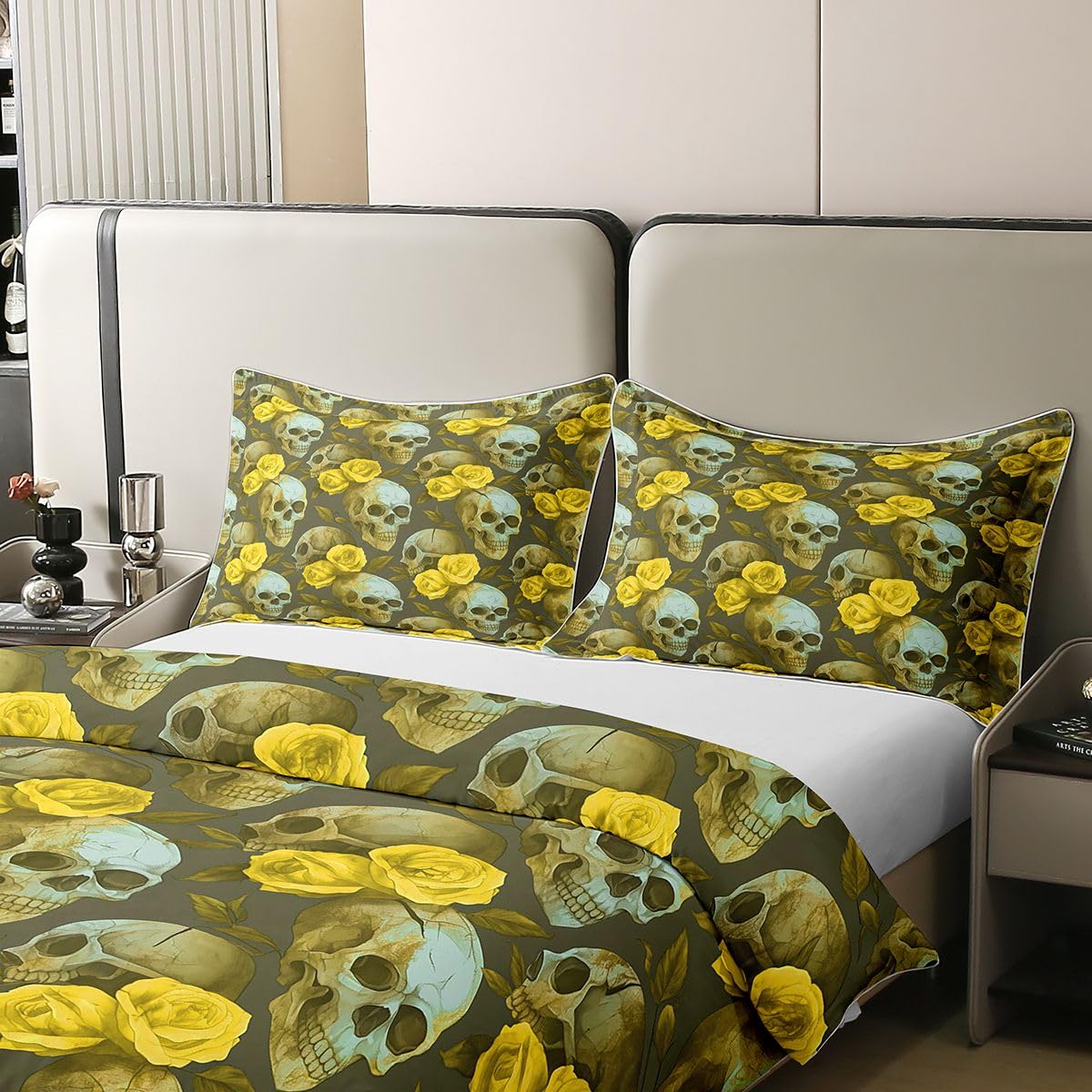 Homewish Halloween Schädel Baumwoll Bettwäsche 155x220 | Gelbe Rosenblume Deckenbezug für Teenies Erwachsene Gotisches Skelett Bettbezug Zucker Schädel Bettset 2 Teilig