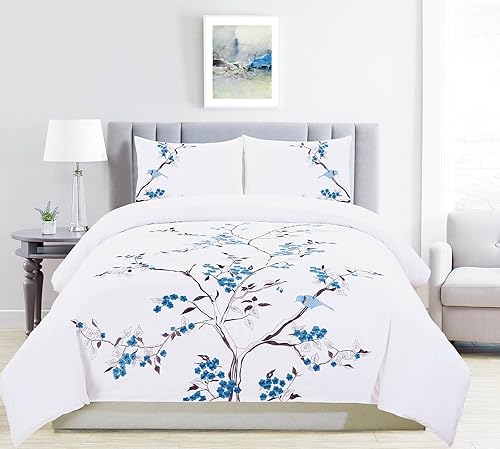 Miniatura 2 de SUPERIOR Cherry Garden - Juego de funda de edredón 100% algodón, tamaño matrimonialqueen, color azul