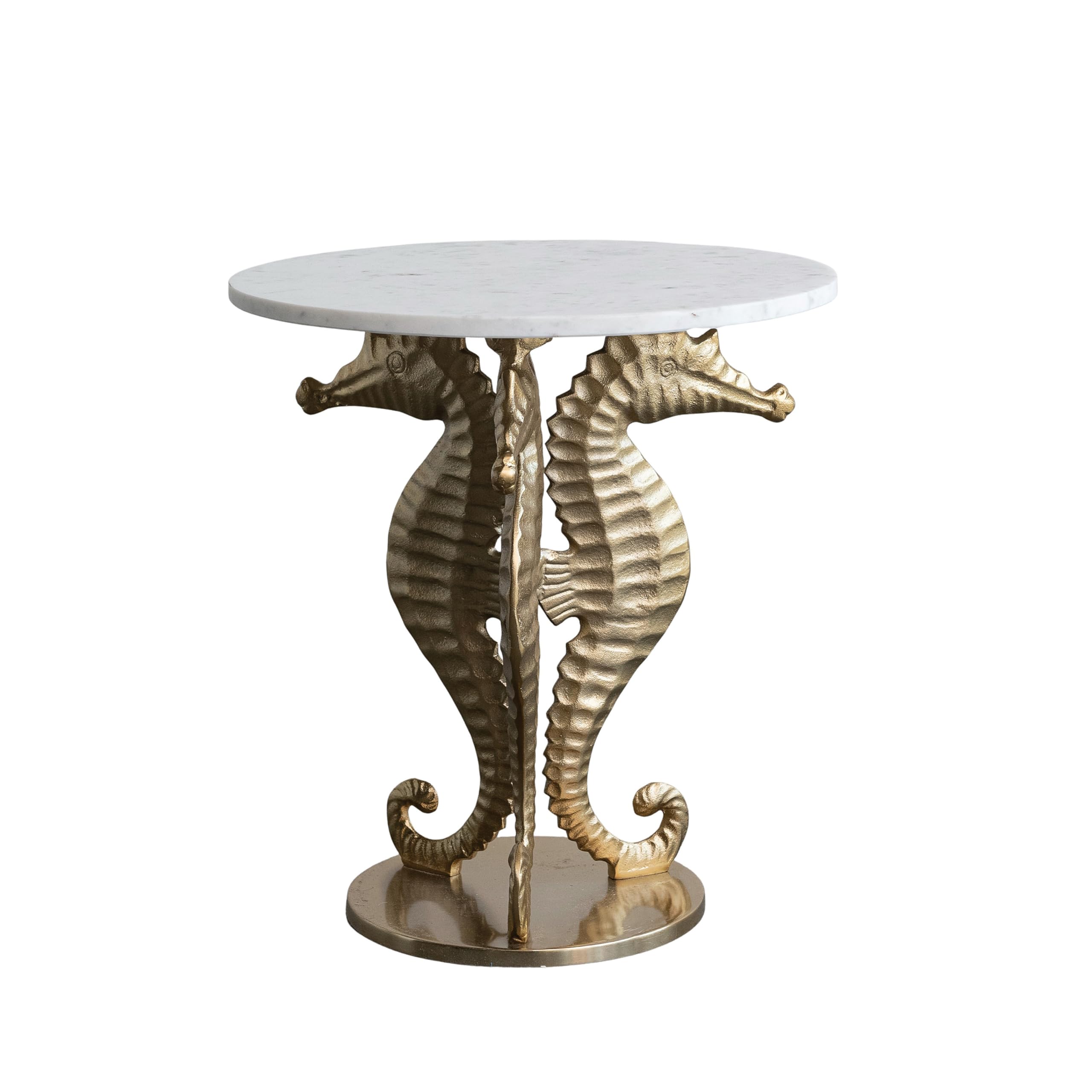 Creative Co-Op Round Marble Top Table with Cast Aluminum Seahorses Base, Gold Finish and White