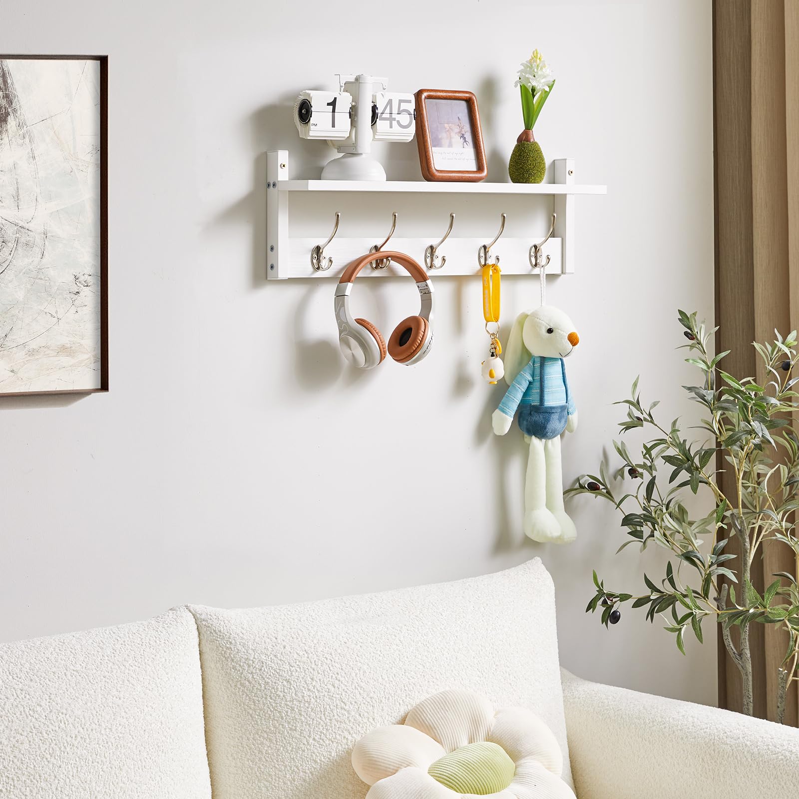 YMYNY Wandhaken met Plank, Wandgemonteerde Pianokapstok met Intrekbare Haken, Houten Wandkapstok voor Hal, Slaapkamer voor Het Ophangen van Kleding/Jassen /Sleutels/Hoeden/Tassen, Walnoot, HWS008H-2