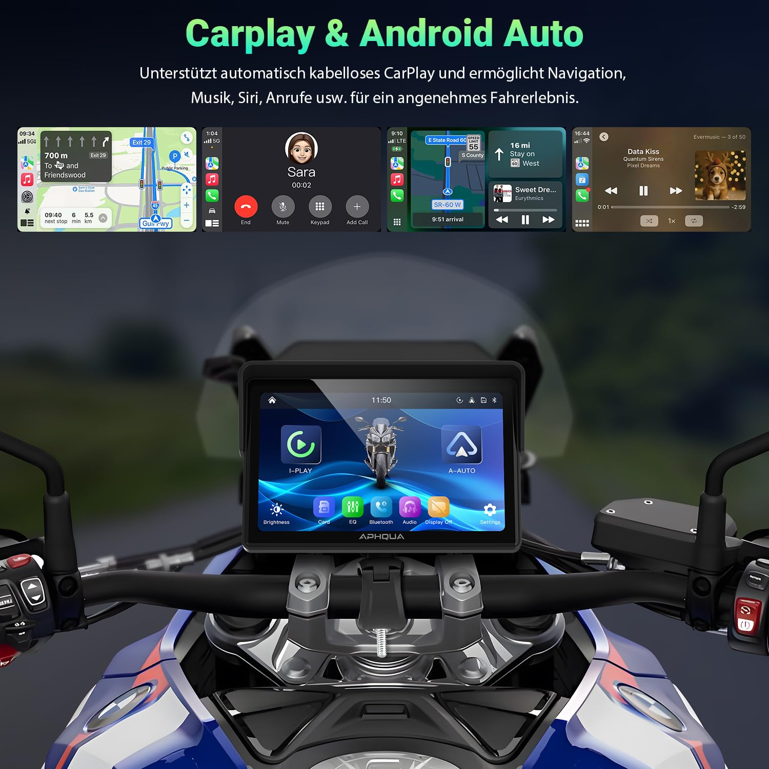 A522 Motorrad CarPlay Display 5 Zoll, Kabelloses Apple CarPlay & Android Auto,IP67 Wasserdichtes Motorrad Navi,Dual Bluetooth,GPS Navigation,Sprachsteuerung,Touchscreen,USB/Acc Stromversorgung