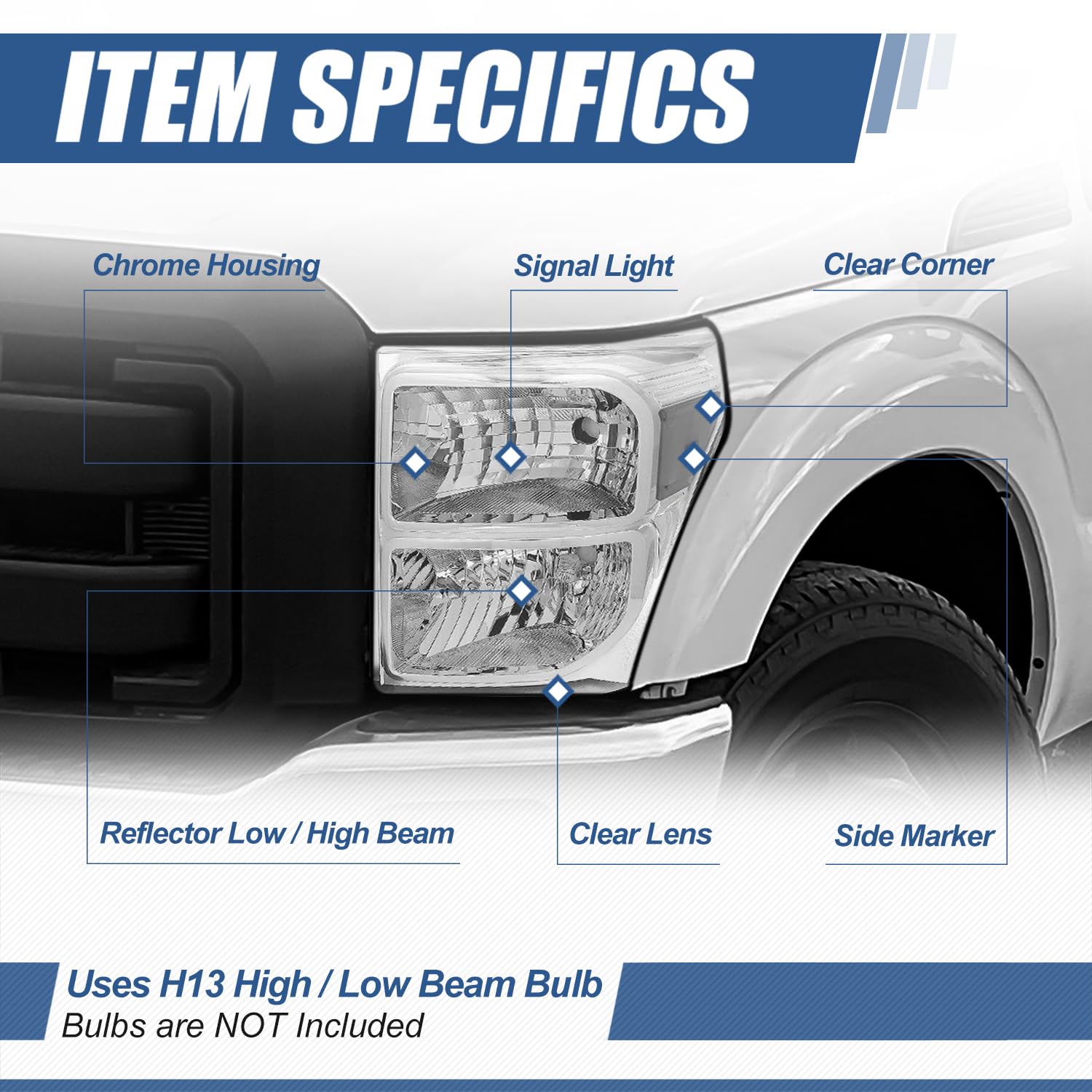 Auto Dynasty Halogen Model Headlights Assembly Compatible with Ford F-250 F-350 F-450 F-550 Super Duty 11-16, Chrome Housing Clear Corner
