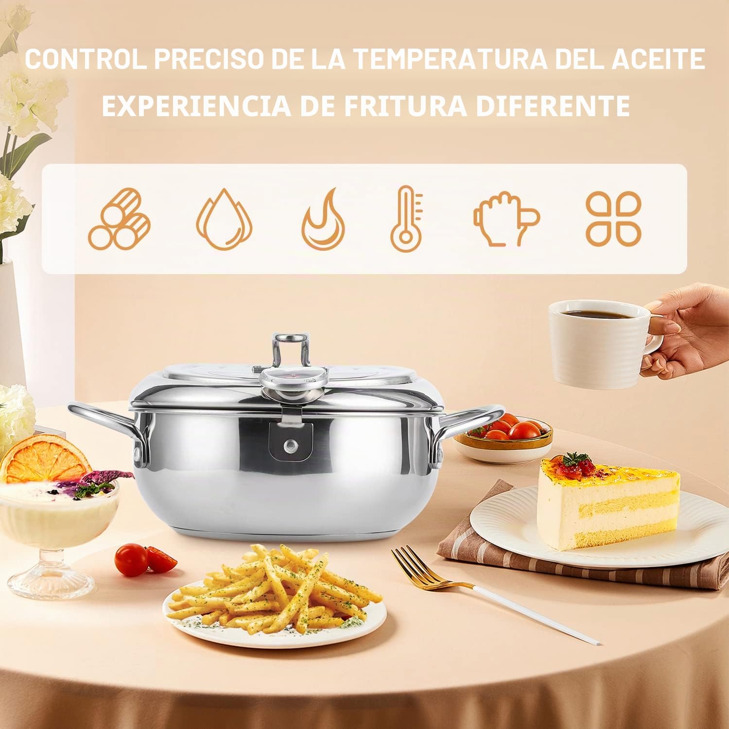 Olla Freidora,Freidora de Estilo Japonés Olla con Inducción de Termómetro, Mini Sartén de Acero Inoxidable de Grado Alimenticio con Escurridor de Goteo de Aceite para Cocinar Papas Fritas (L - 3400ml)