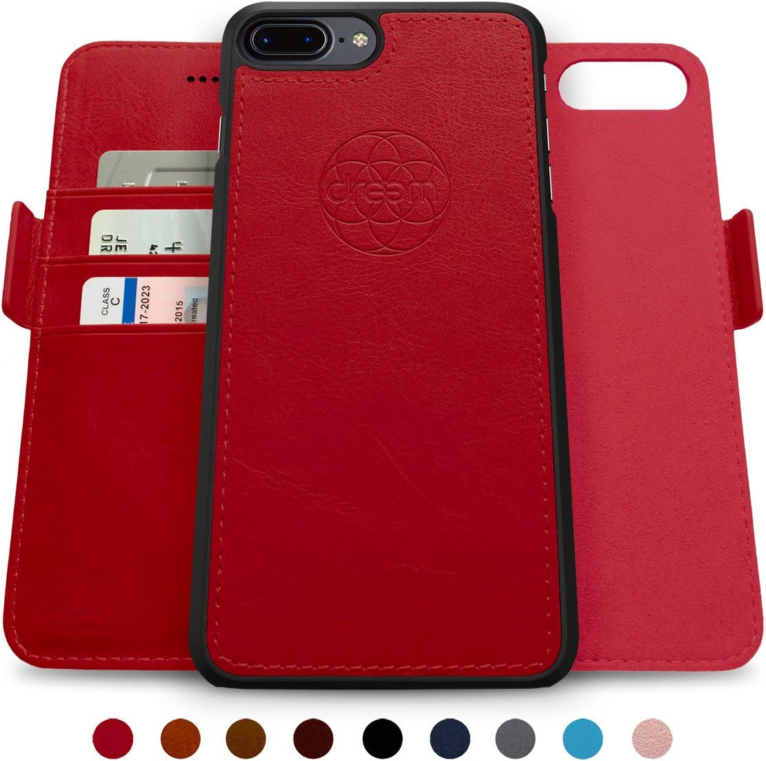Dreem Fibonacci 2-in-1 Wallet-Case for iPhone 8-Plus & 7-Plus, Magnetic Detachable PC Slim-Case, Luxury Vegan Leather, RFID Protection, Smart 2-Way Stand, Gift-Box - Red