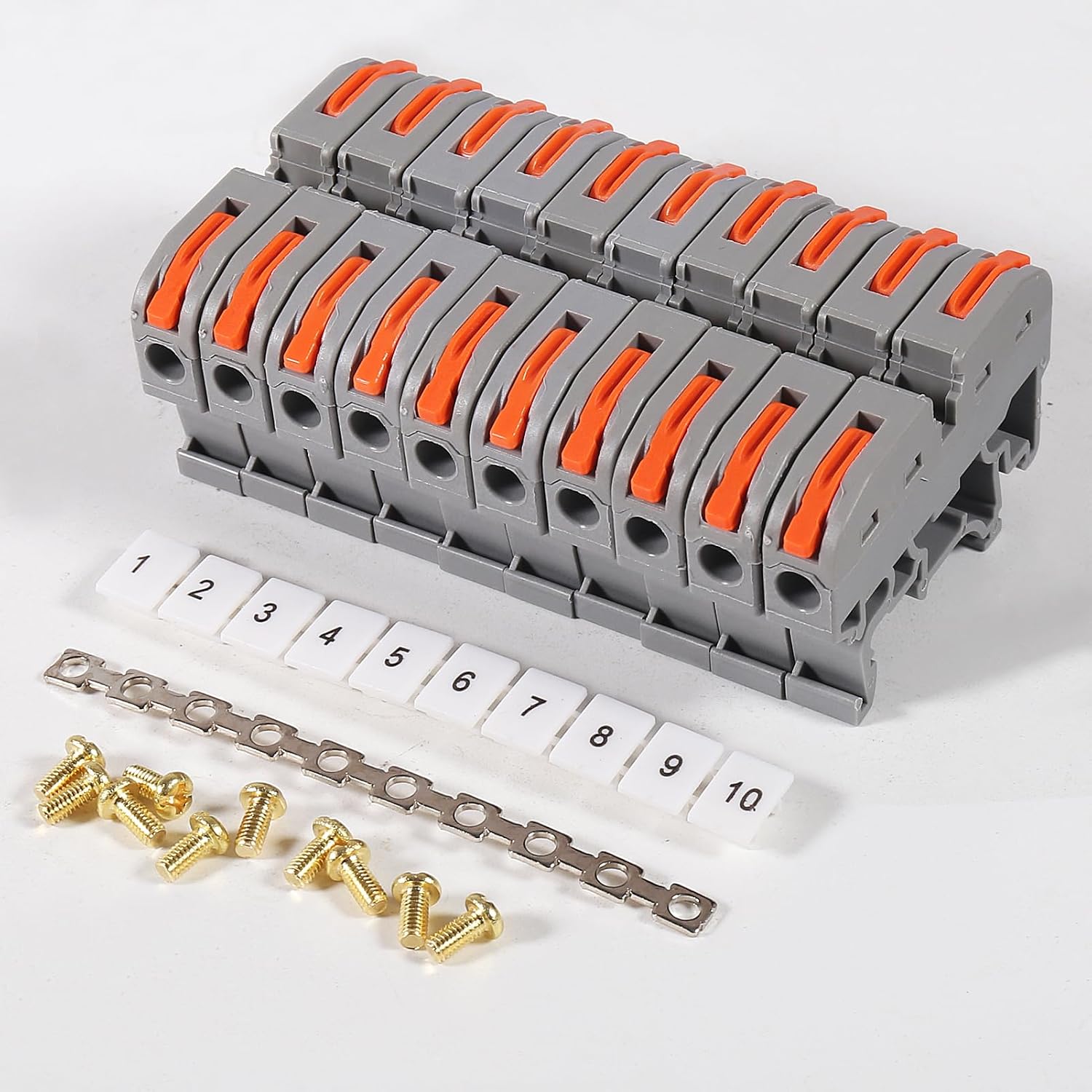 DIN Rail Terminal Blocks Kit, 30PCS Universal Compact Wire Wiring Connector with 3pcs Marker Strip, 3pcs Connection Bar and 30pcs Screws, 28-12AWG