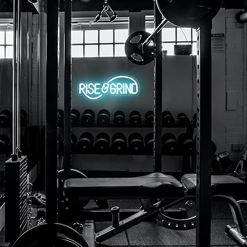 Miniatura 7 de Letrero de neón con texto en inglés "Rise & Grind" para decoración motivacional de pared, letra azul hielo, luz de neón, arte de pared inspirador