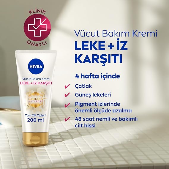 NIVEA Luminous630 Leke ve İz Karşıtı Vücut Bakım Kremi 200ml, Çatlak ve Güneş Lekesi İyileştirici, 48 Saat Nemlendirici