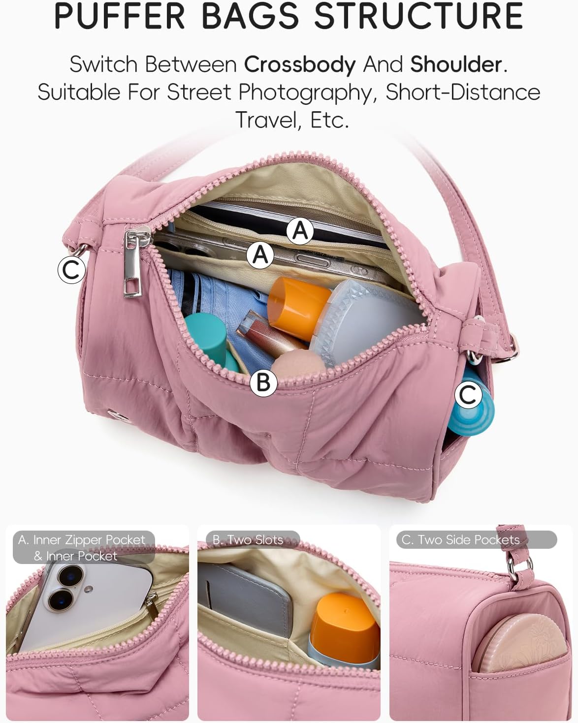 WESTBRONCO Small Puffer Crossbody Bags for Women Mini Barrel Bag Cute Bucket Bag with 2 Side Pocket Nylon - Image 3