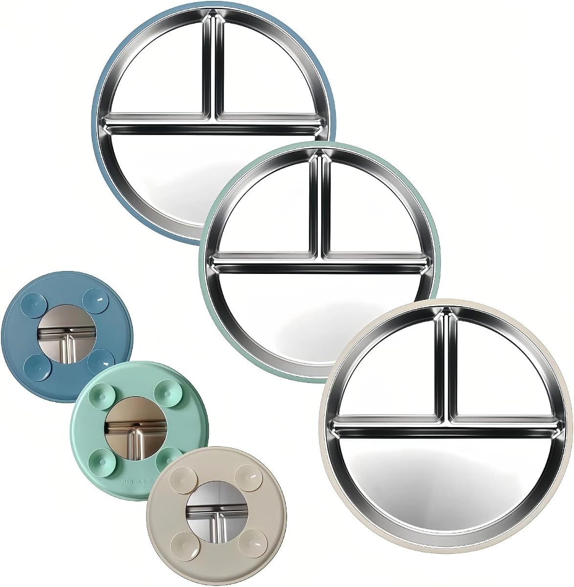 Platos de acero inoxidable para niños pequeños, alimentación para bebés, juego de 3 ventosas divididas