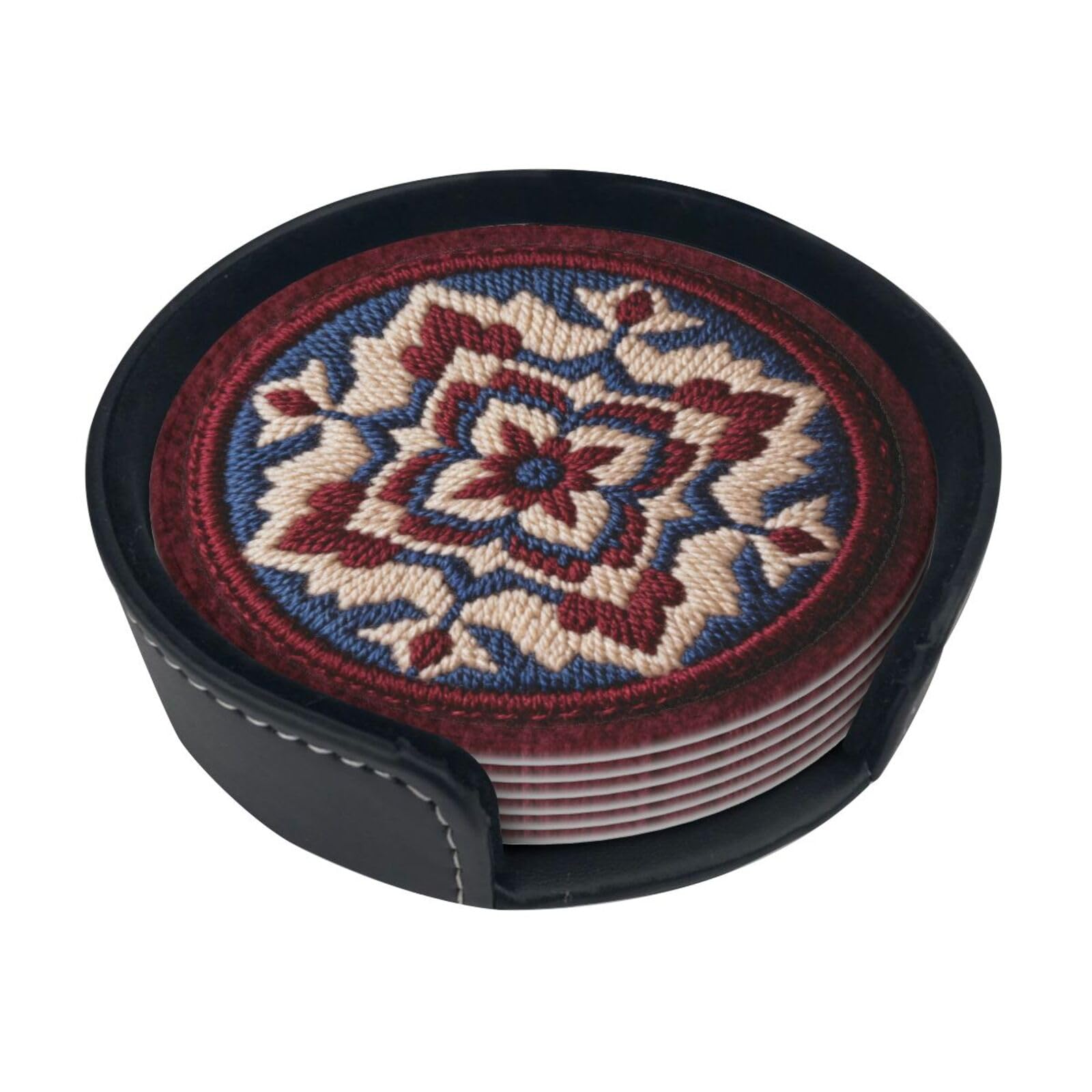 Cntdbu White Round Badge Leather Coasters Set Of 6-Pu Leather Drink Mats For Table, Heat Resistant Round Coasters With Holder