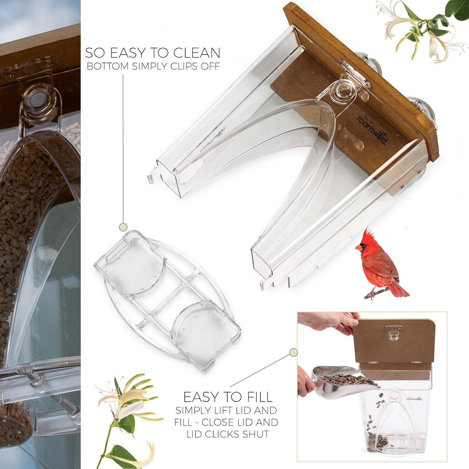 Roamwild Beautiful Arch Window Wild Bird Feeder with Huge 4LBS Capacity & Ultra Strong Dual Suction Technology for Outdoors with Drainage Holes & Window Protectors