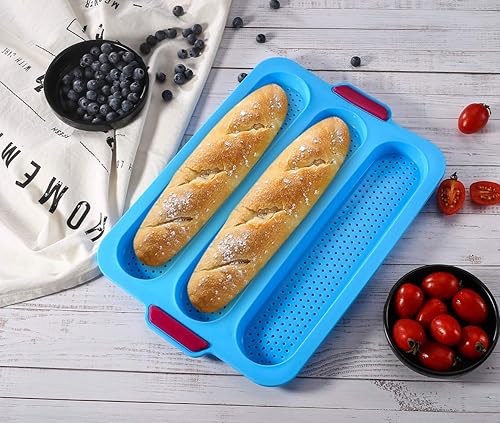 Miniatura 5 de Molde antiadherente de silicona para baguette, pan francés para hornear, 3 panes ondulados, cada pan, 11 x 2.3 pulgadas, molde para hornear,