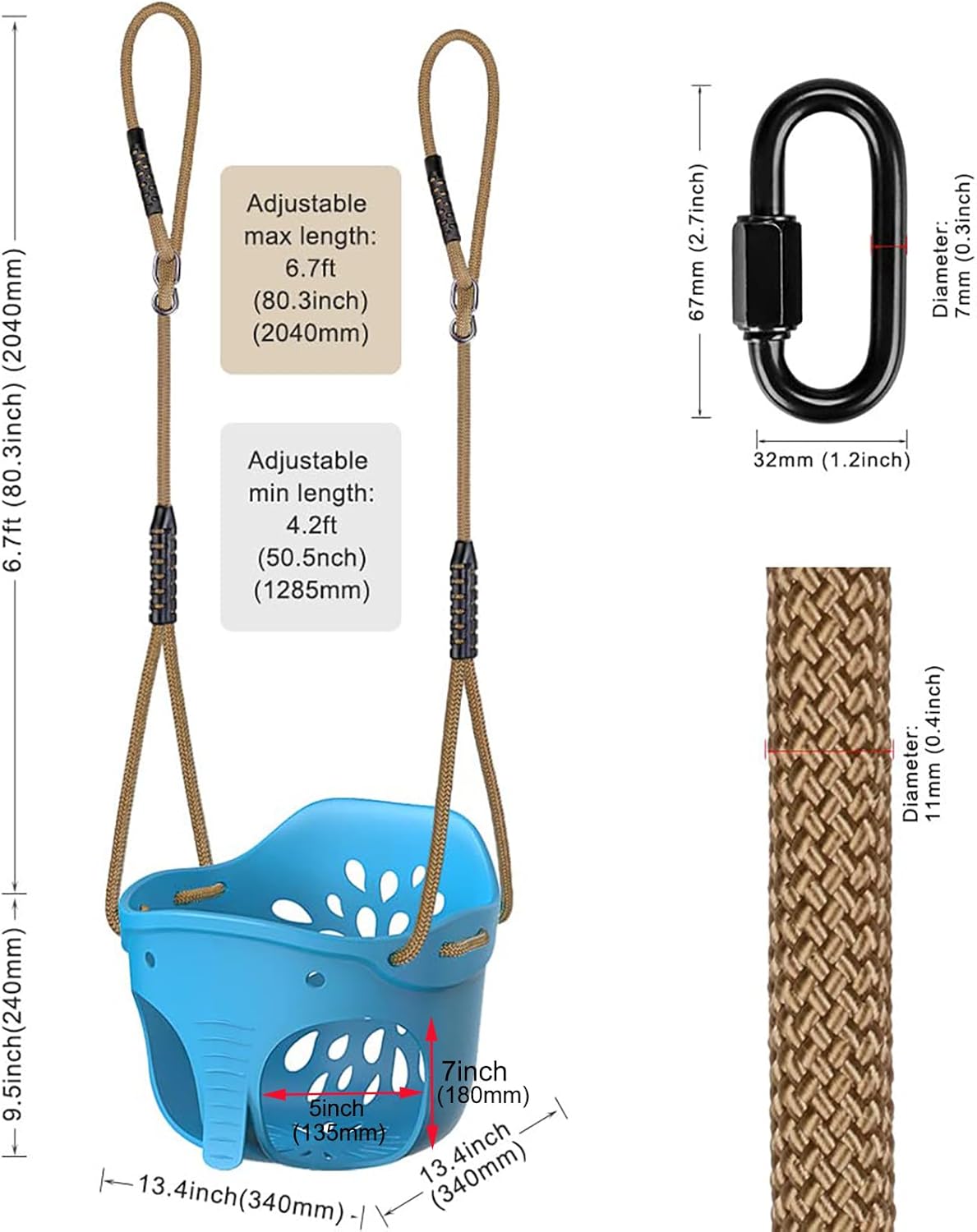 BeneLabel 600 LB Weight Capacity Full Bucket Toddler Swing Seat with Adjustable Height Rope from 4.2 to 6.7 FT High Back Bucket Seat Swing for Toddler - Cute Elephant Shape Design