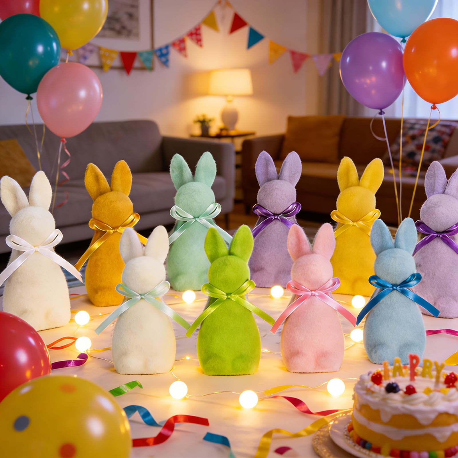 Generisch Adorno de conejo de Pascua flocado de espuma con pajarita, decoración de animales para fiestas y celebraciones, interior y exterior. Utiliza una figura de espuma