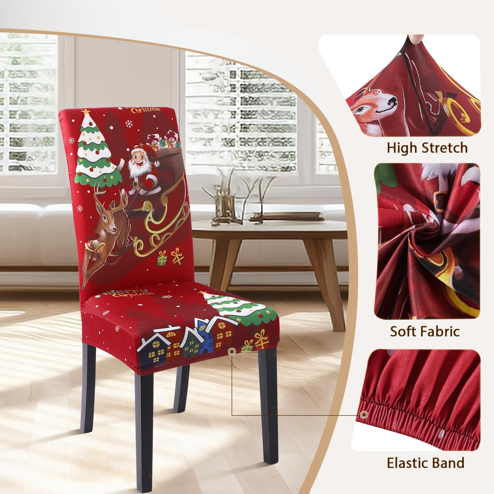 SearchI Christmas Dining Chair Covers Set of 6,Stretch Xmas Parsons Chair Slipcovers Seat Protector Washable Spandex Kitchen Chair Cover for Dining Room,Christmas Decoration,Holiday Party(Santa+Deer) - Image 3