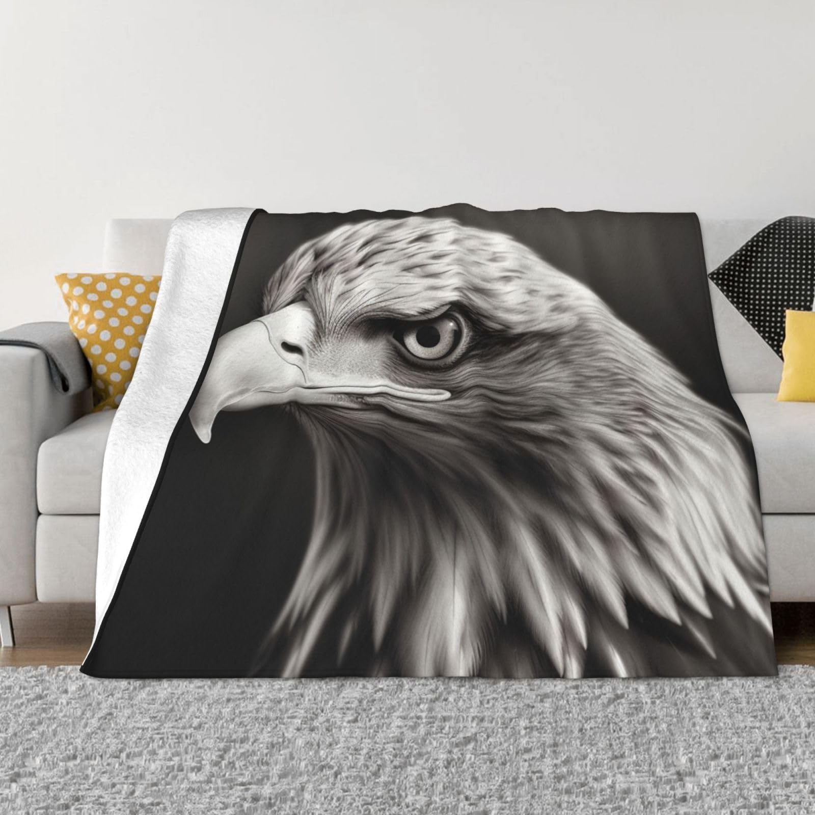 Couverture plaid aigle en microfibre noire et blanche 152x127 cm pour lit et canapé
