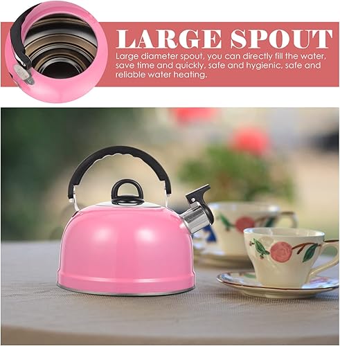 Miniatura 3 de Ciieeo Hervidor de té silbante en la parte superior de la estufa, tetera floral de acero inoxidable rosa con mango ergonómico de tacto fresco,