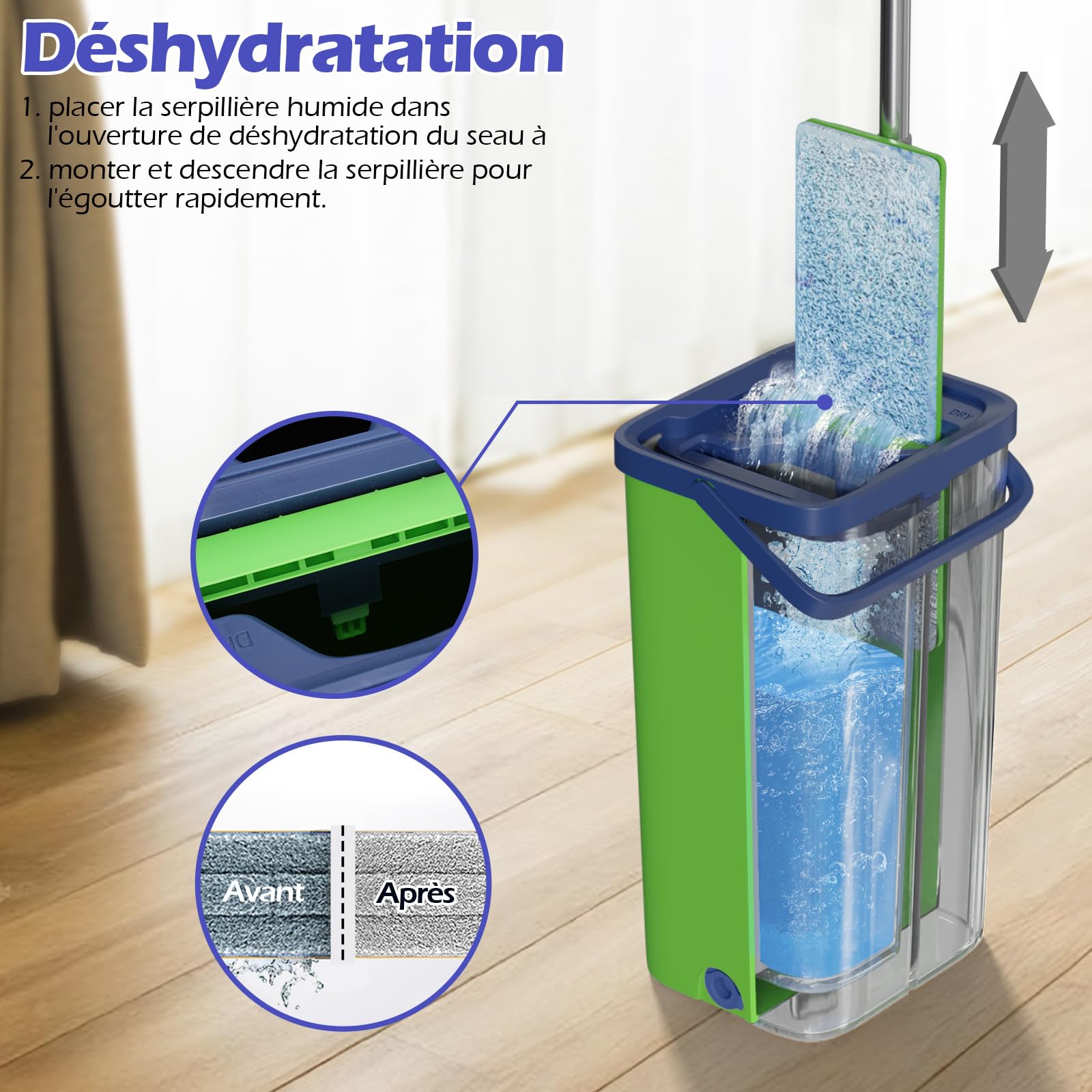 Serpillère Seau Essoreur, Balai Serpillière Plat Microfibre avec 5 Serpillères Réutilisables, Serpillère et Seau Essoreur avec Manche INOX, Serpillere Balais Nettoyer Sol(Vert)